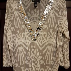 INC  2 piece grey and white blouse with silver em